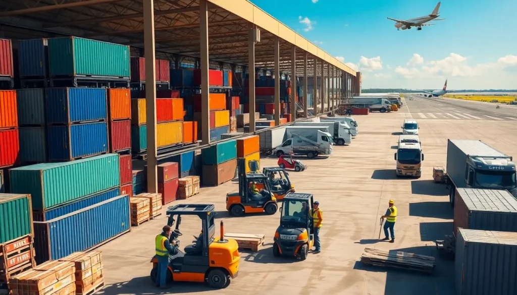 a bustling freight forwarding hub featuring a large warehouse forklifts moving pallets and workers