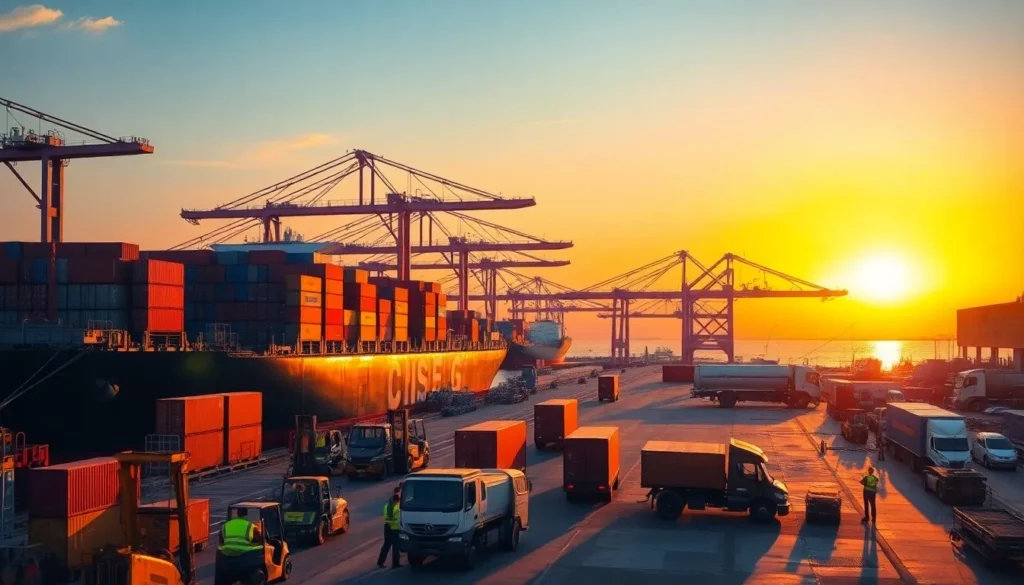 a bustling shipping port at sunset, featuring massive cargo ships docked at the pier, towering cranes loading and unloading colorful shipping containers