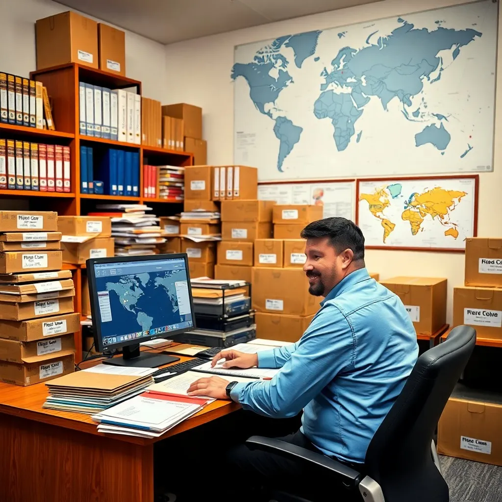 a professional freight forwarder sits at a desk cluttered with documents shipping labels