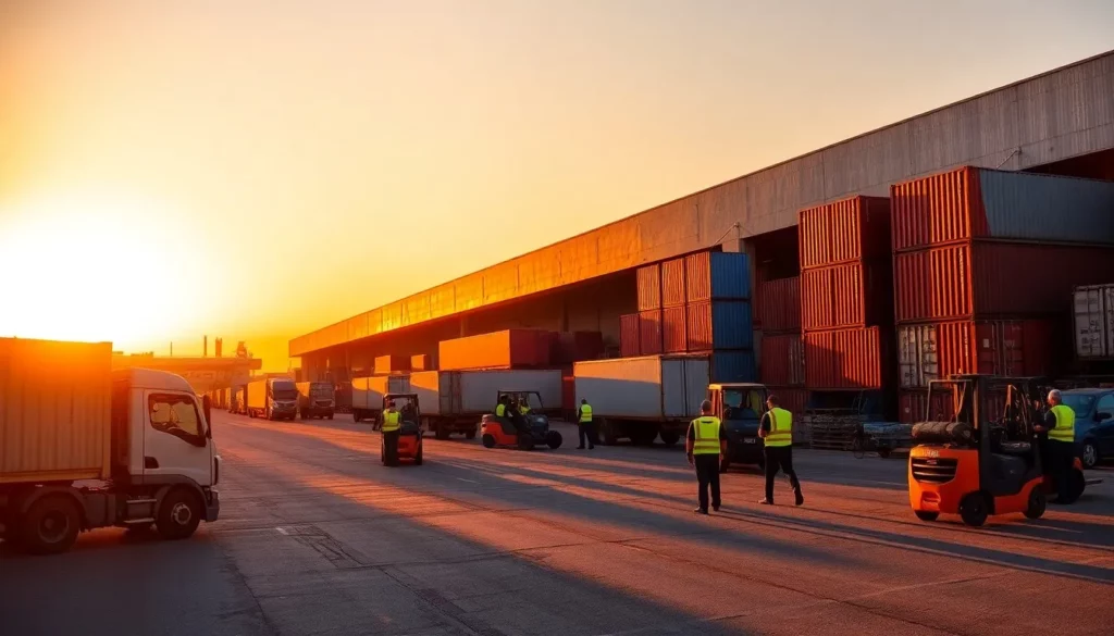 trucks being loaded and unloaded forklifts moving pallets and freight containers stacked high